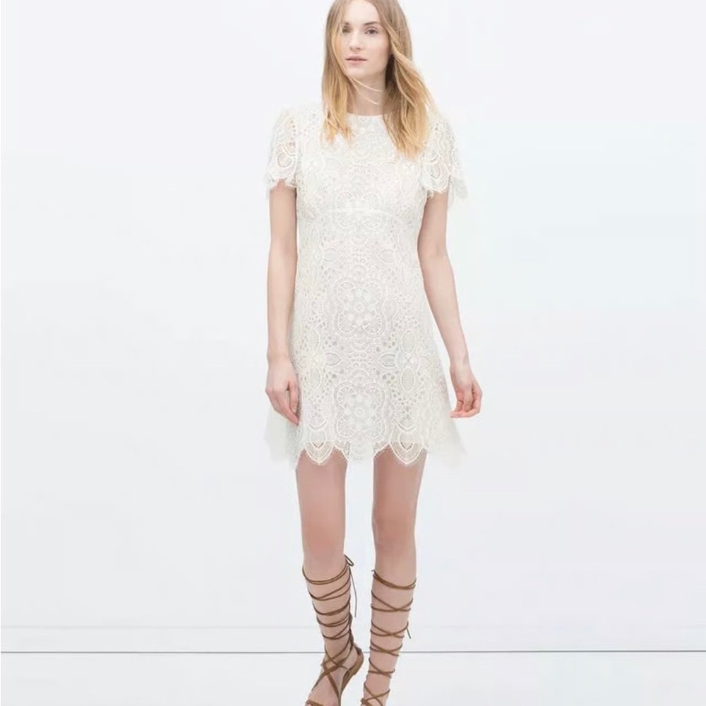 Zara Women Dress Midi White Lined Lace Women's Size S